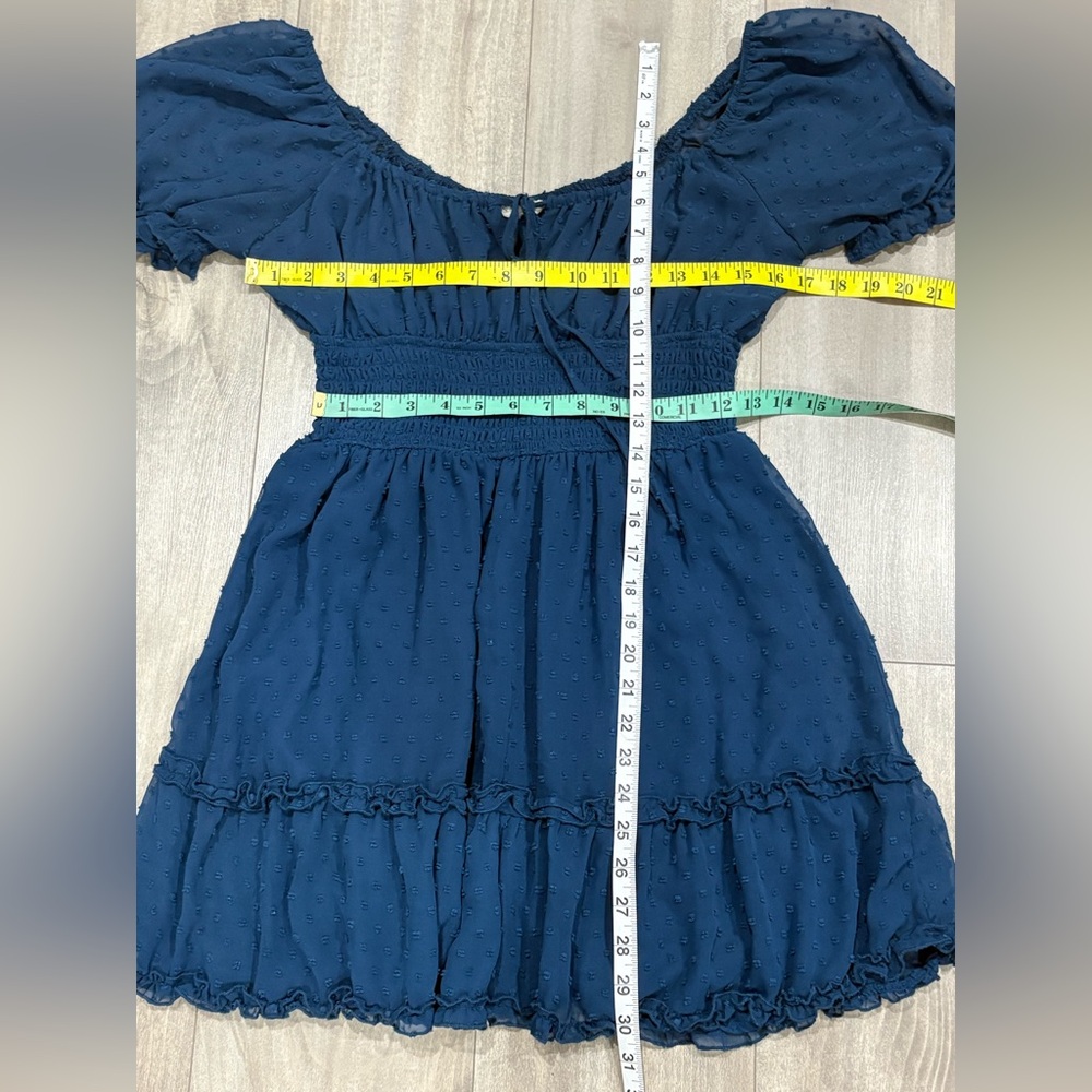 Altar'd State Navy Swiss Dot Puff Sleeve Mini Dress - Picture 3 of 7